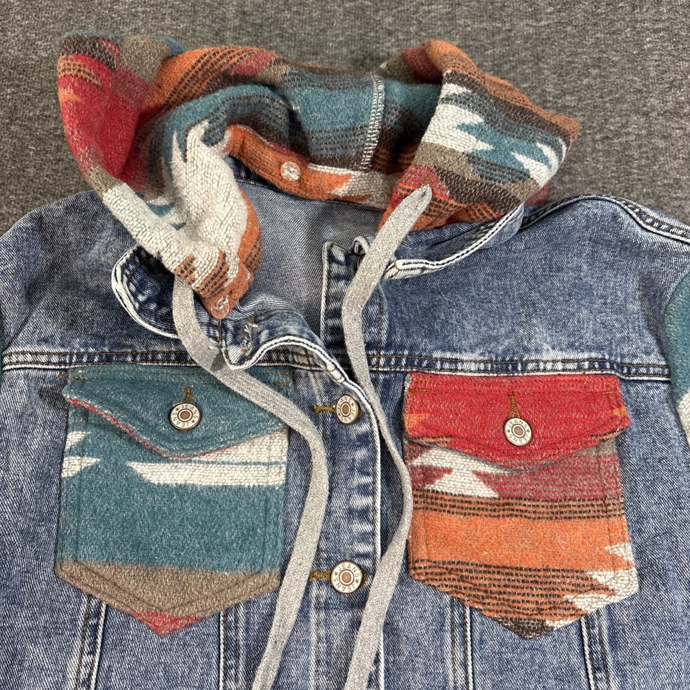 Women's Western Southwest Aztec Denim Jean Jacket Sz Medium Removable Hood